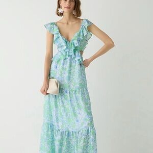 J. Crew Collection | Floral Ruffle Dress in Blue and Green